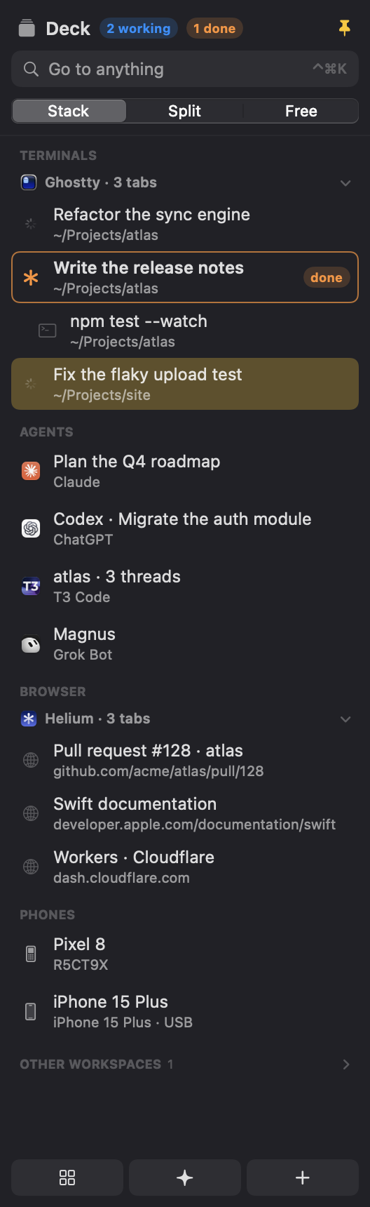 The Deck sidebar: Ghostty tabs with one agent marked done, Claude, ChatGPT, T3 Code and Grok Bot windows, three Helium tabs, and two phones.