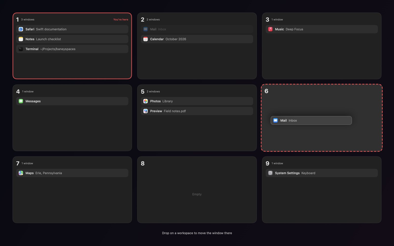 A Mail window card being dragged in the overview; workspace 6 glows with a dashed outline where it will land.