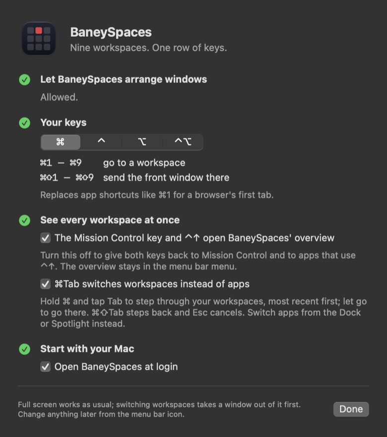 The BaneySpaces setup window with four checked steps: arrange windows, pick your keys, see every workspace at once with the optional ⌘Tab workspace switcher, and start with your Mac.