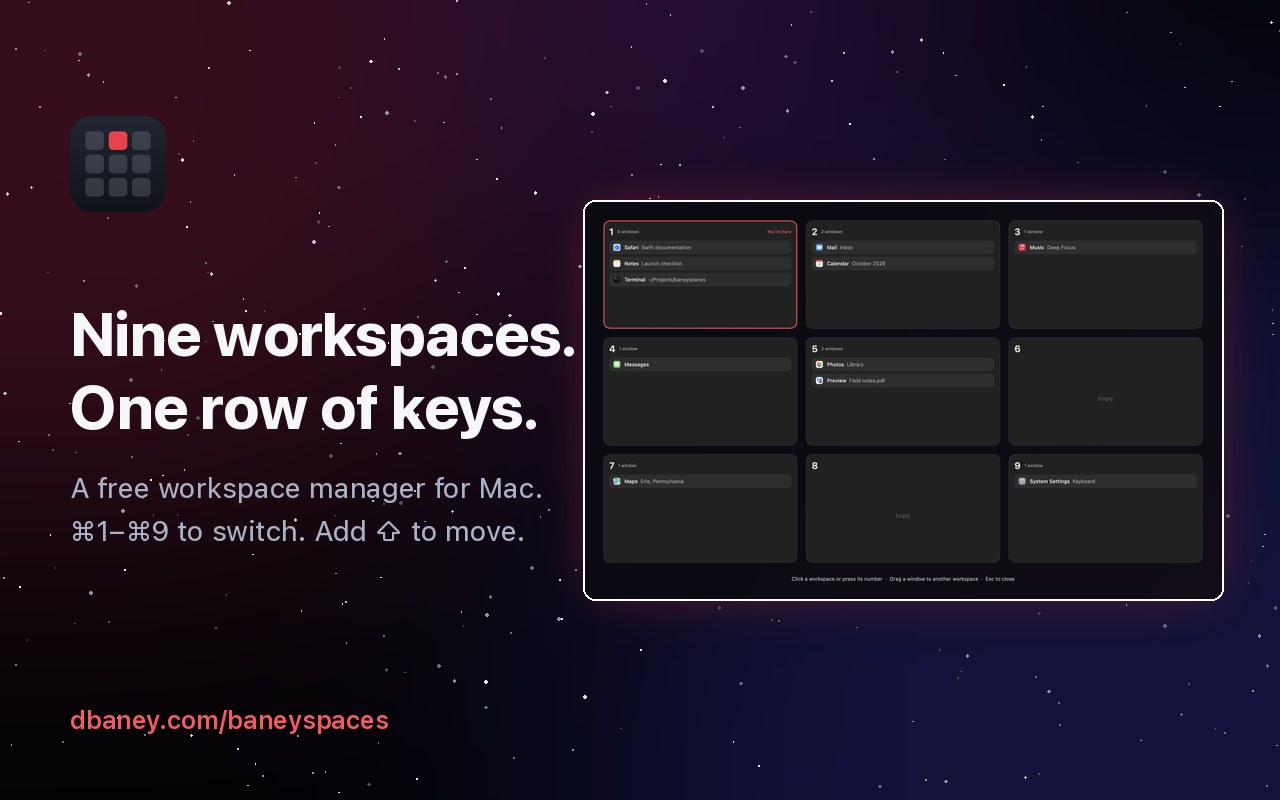 The BaneySpaces overview, nine workspaces in a 3×3 grid, beside the words Nine workspaces. One row of keys.