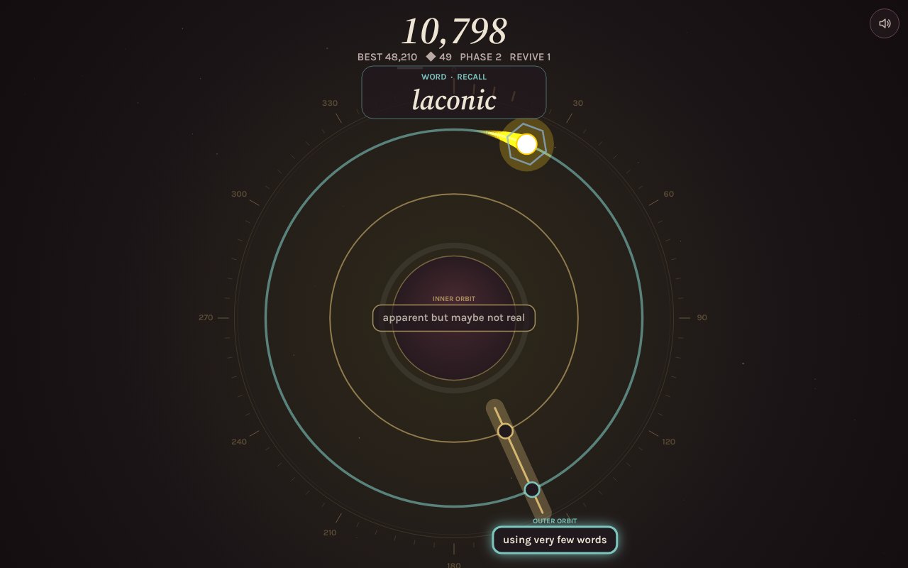 A Graze recall gate asking for the meaning of laconic, with one answer on each orbit