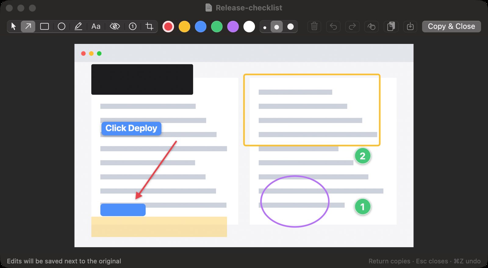 The Shotate editor with an arrow, a text label, a box, a redaction bar and numbered steps on a sample window