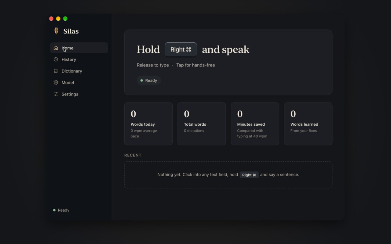 The Silas home screen showing Hold Right Command and speak, with word counts and a Ready status