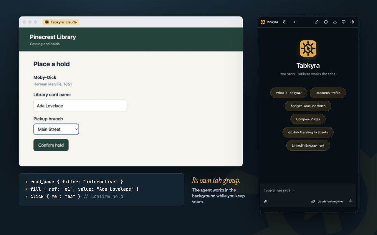 An agent filling a library hold form in its own Tabkyra · claude tab, the commands it ran, and the Tabkyra side panel beside it