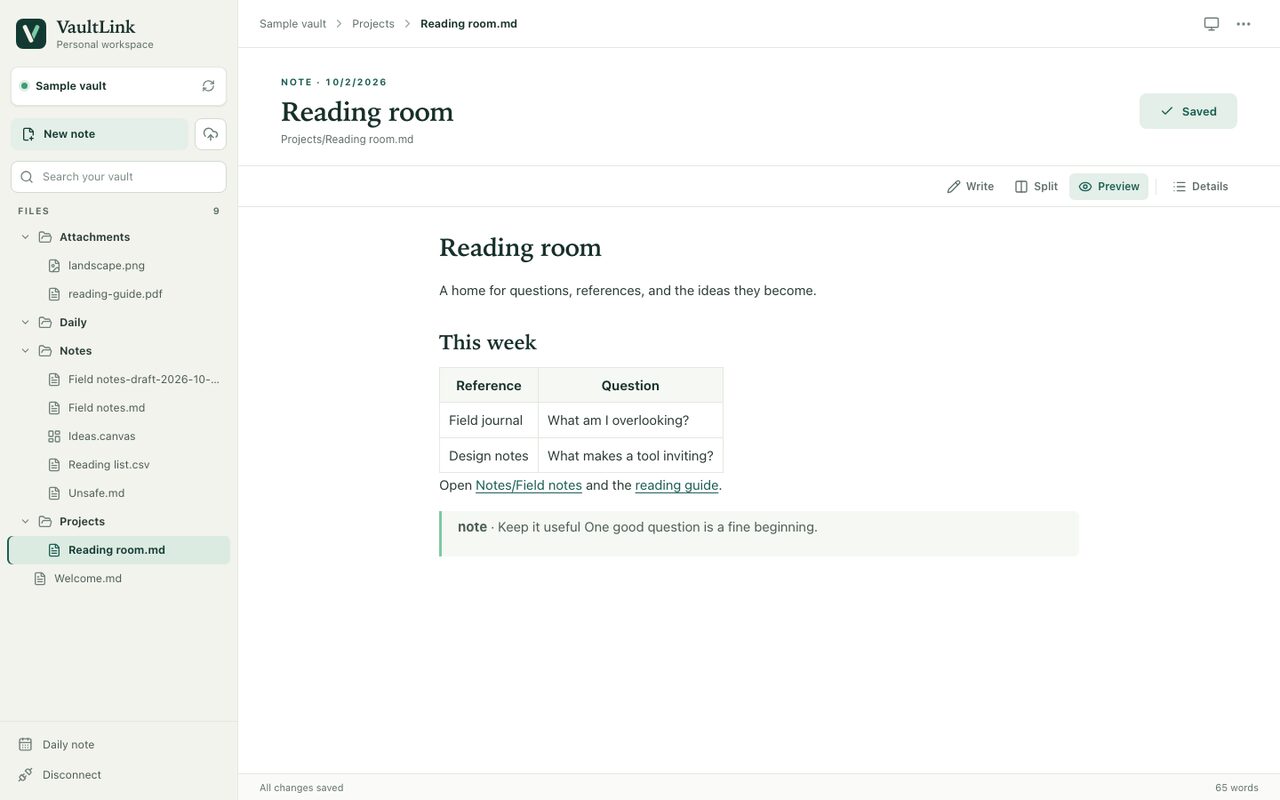 VaultLink workspace showing a sample vault and a Markdown note