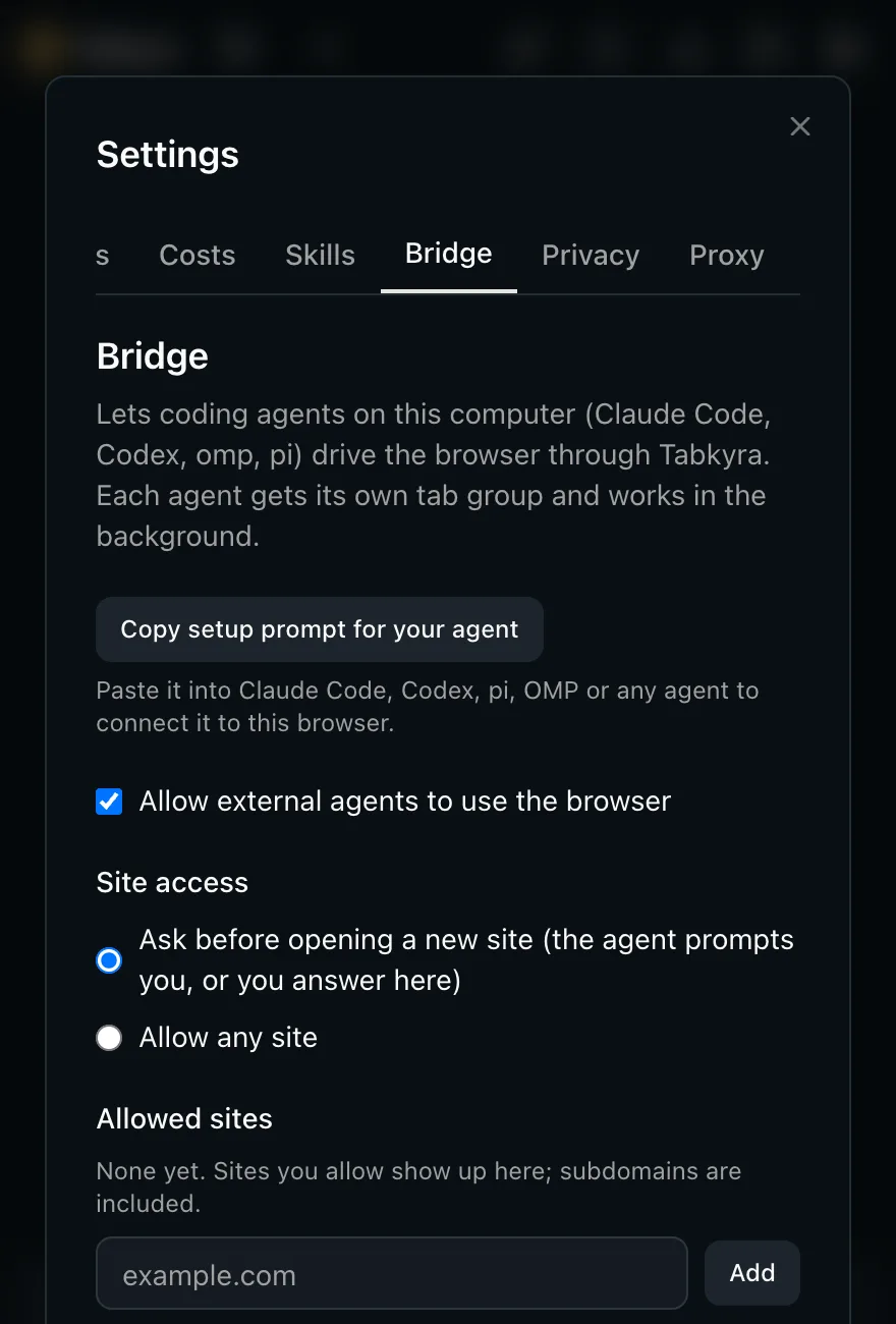 Tabkyra Settings, Bridge tab: a Copy setup prompt for your agent button, Allow external agents to use the browser checked, Site access set to Ask before opening a new site, and an empty Allowed sites list with an Add field.