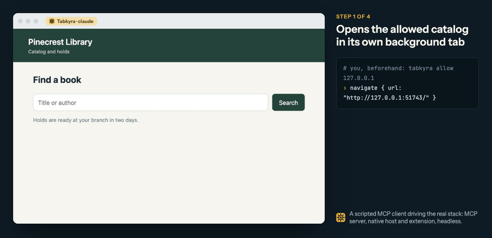 A scripted MCP client searches a library catalog, places a hold and reads the confirmation through Tabkyra's tools