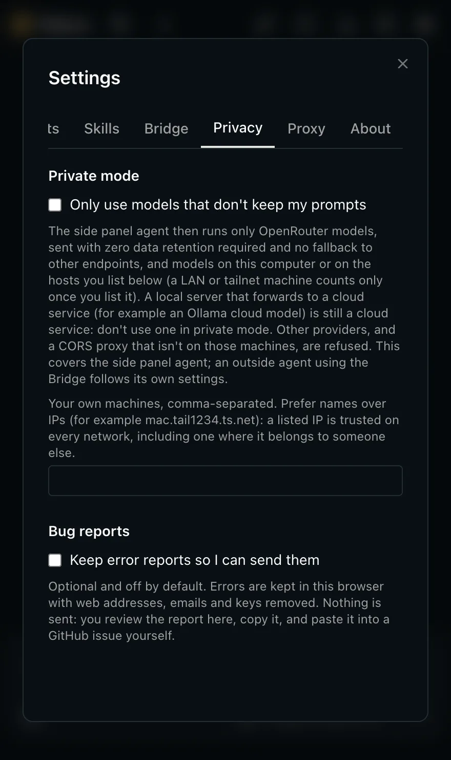 Tabkyra Settings, Privacy tab: Private mode with the option Only use models that don't keep my prompts and a field for your own machines, and Bug reports with Keep error reports so I can send them, both off.