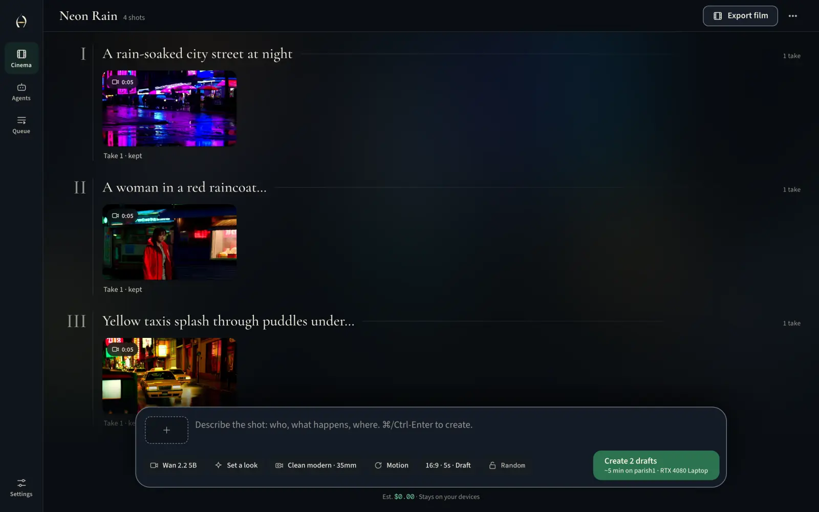 The Hildegard Studio showing the Neon Rain film board, with four kept takes and their posters.